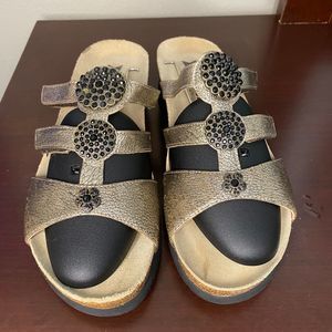 Mephisto Cork Wedge Air Relax Leather Rhinestone Metallic Boho Hippie Sandals 40
